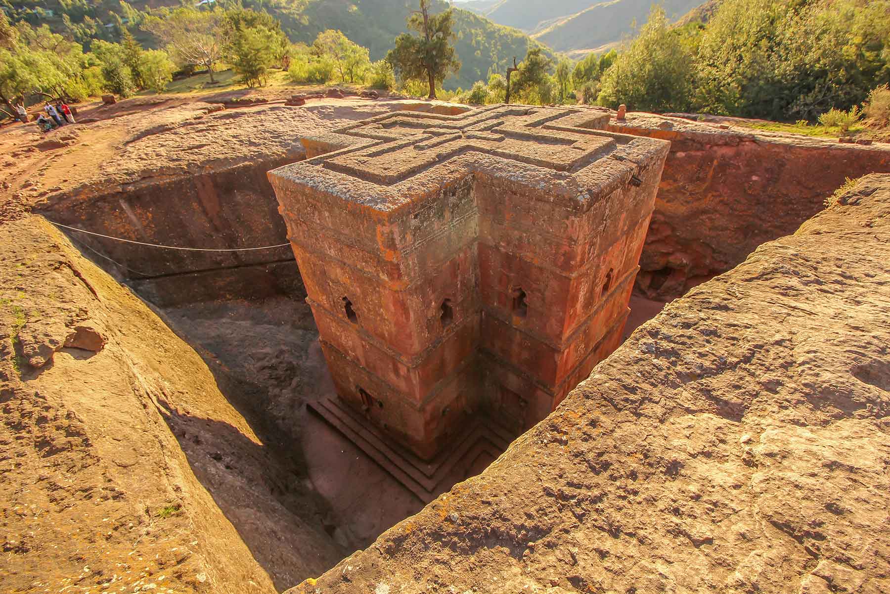 The cross-shaped roof of the rock-hewn church of Bete Giyorgis at Lalibela, cut down into the surrounding stone.